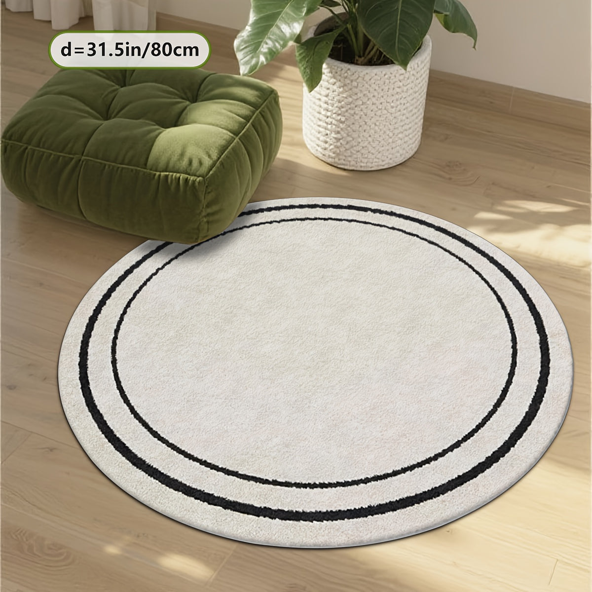 Tapis rond blanc à deux anneaux noirs, style minimaliste