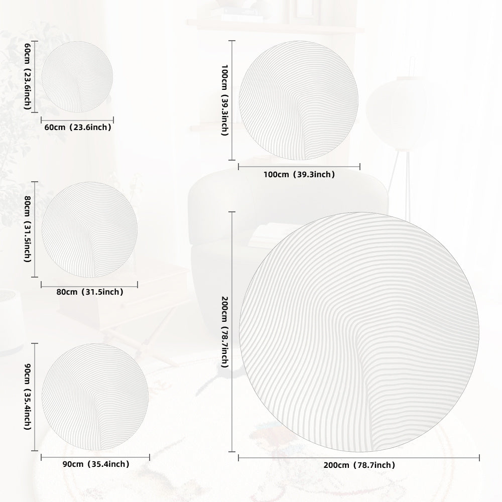 Tapis rond blanc aplati à ondes gravées, huit diamètres