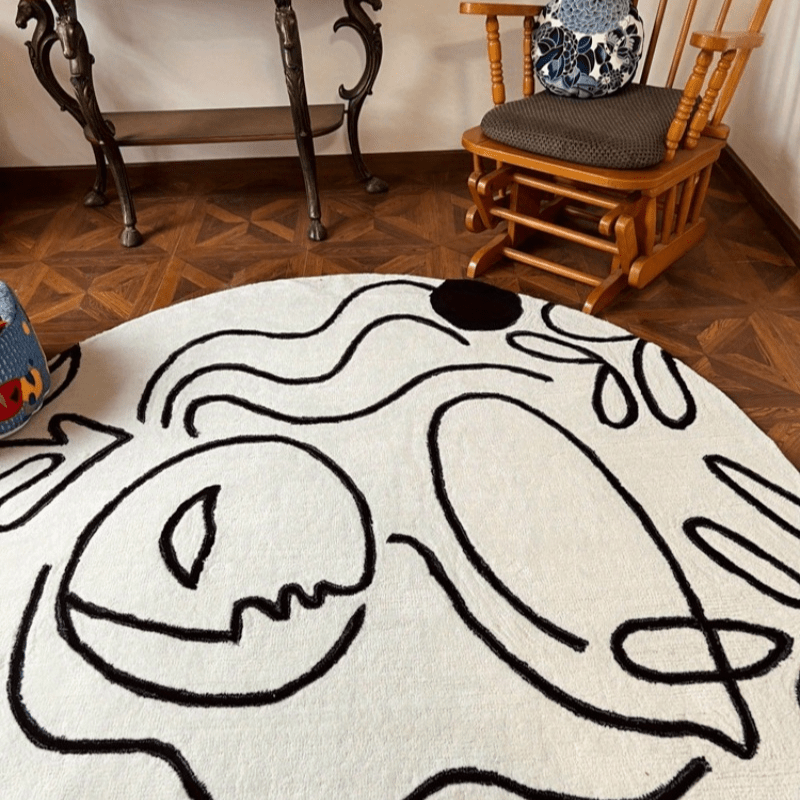 Tapis rond blanc à ligne d'art abstraite noire, Ø 60 ou 120