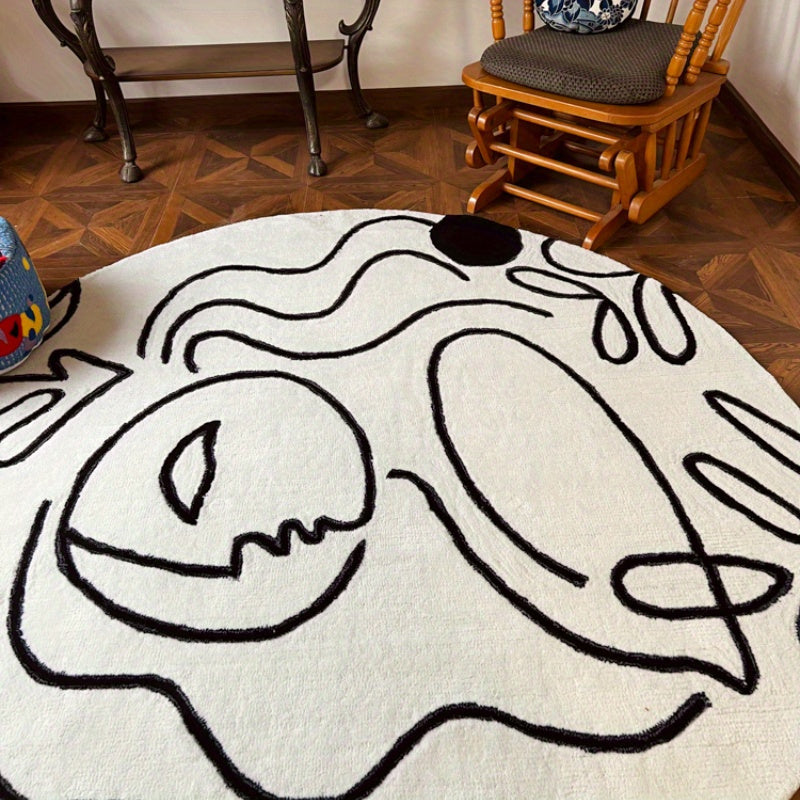 Tapis rond blanc à ligne d'art abstraite noire, Ø 60 ou 120