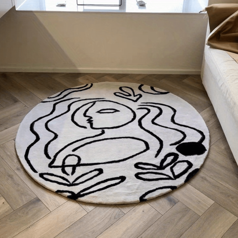 Tapis rond blanc à ligne d'art abstraite noire, Ø 60 ou 120