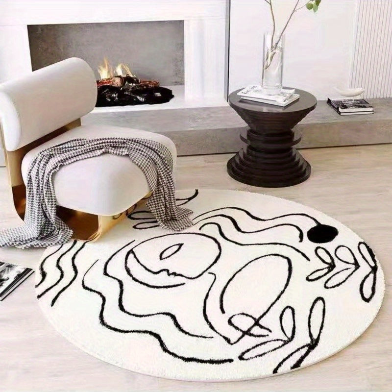 Tapis rond blanc à ligne d'art abstraite noire, Ø 60 ou 120