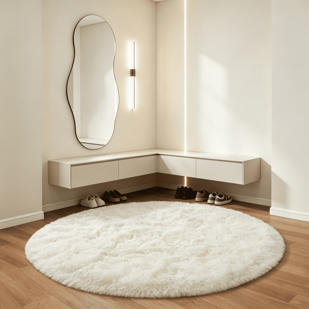 Tapis rond blanc cassé Ø 200 cm à poil long, dos caoutchouc