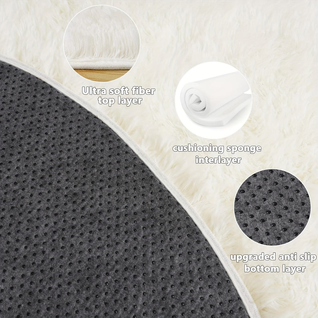 Tapis rond blanc cassé Ø 200 cm à poil long, dos caoutchouc