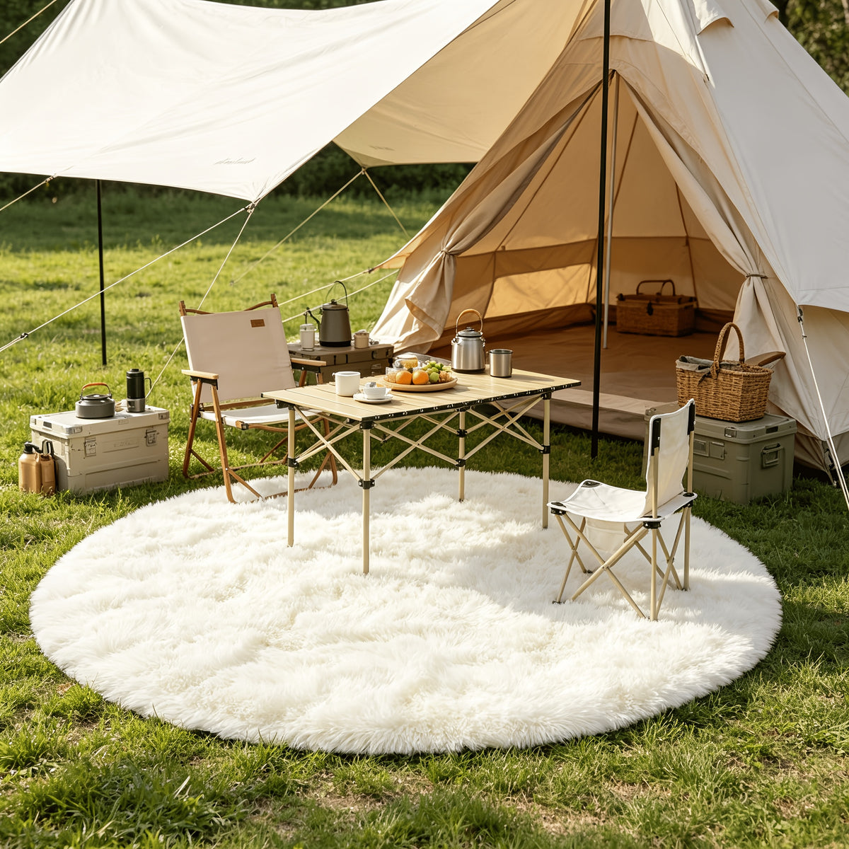 Tapis rond blanc cassé Ø 200 cm à poil long, dos caoutchouc