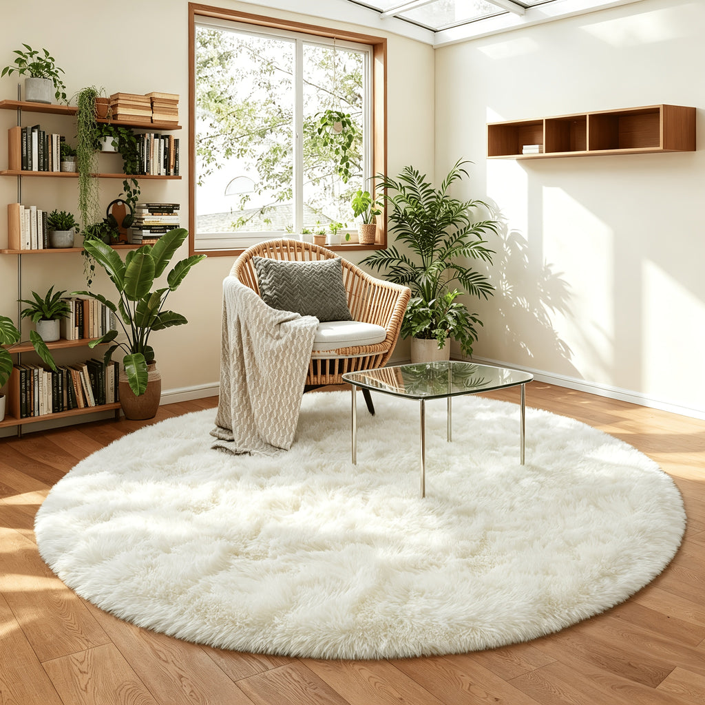 Tapis rond blanc cassé Ø 200 cm à poil long, dos caoutchouc
