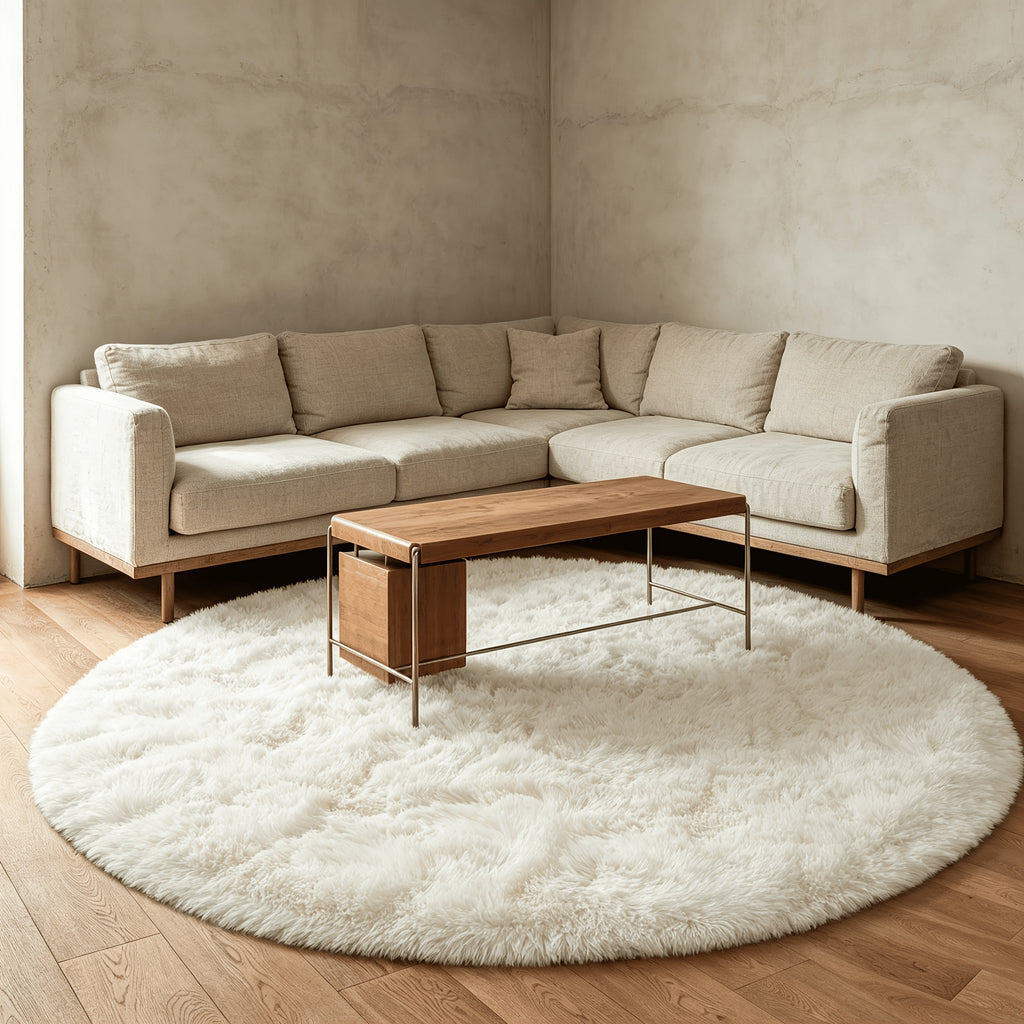 Tapis rond blanc cassé Ø 200 cm à poil long, dos caoutchouc