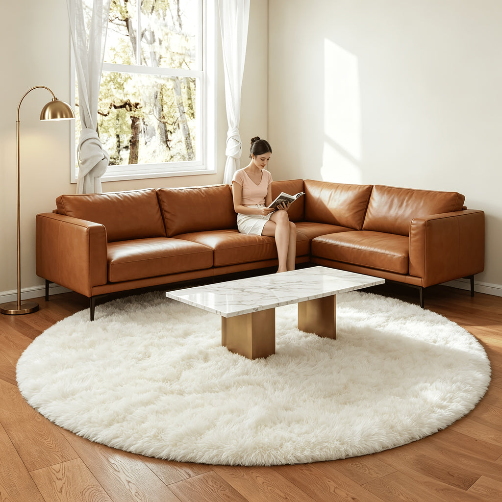 Tapis rond blanc cassé Ø 200 cm à poil long, dos caoutchouc