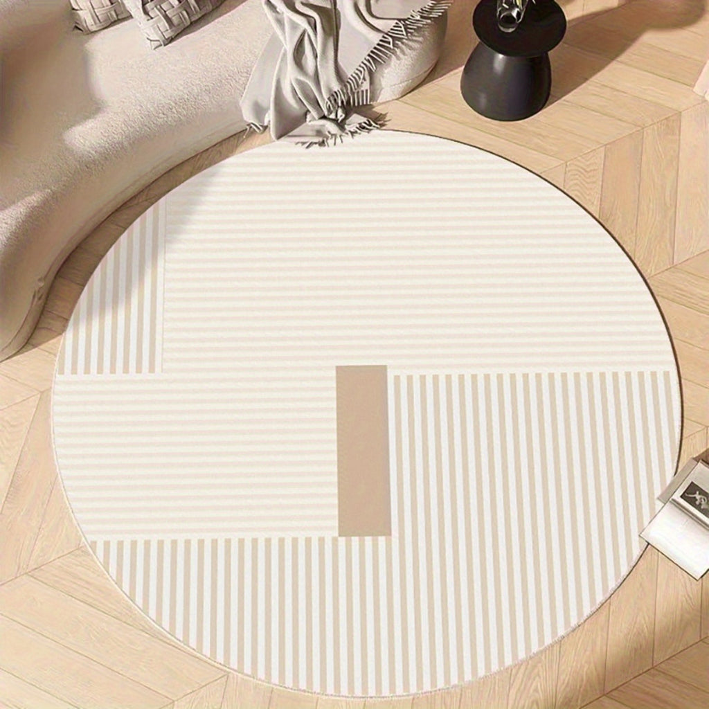 Tapis rond blanc cassé à rayures beige, dos TPR adhérent