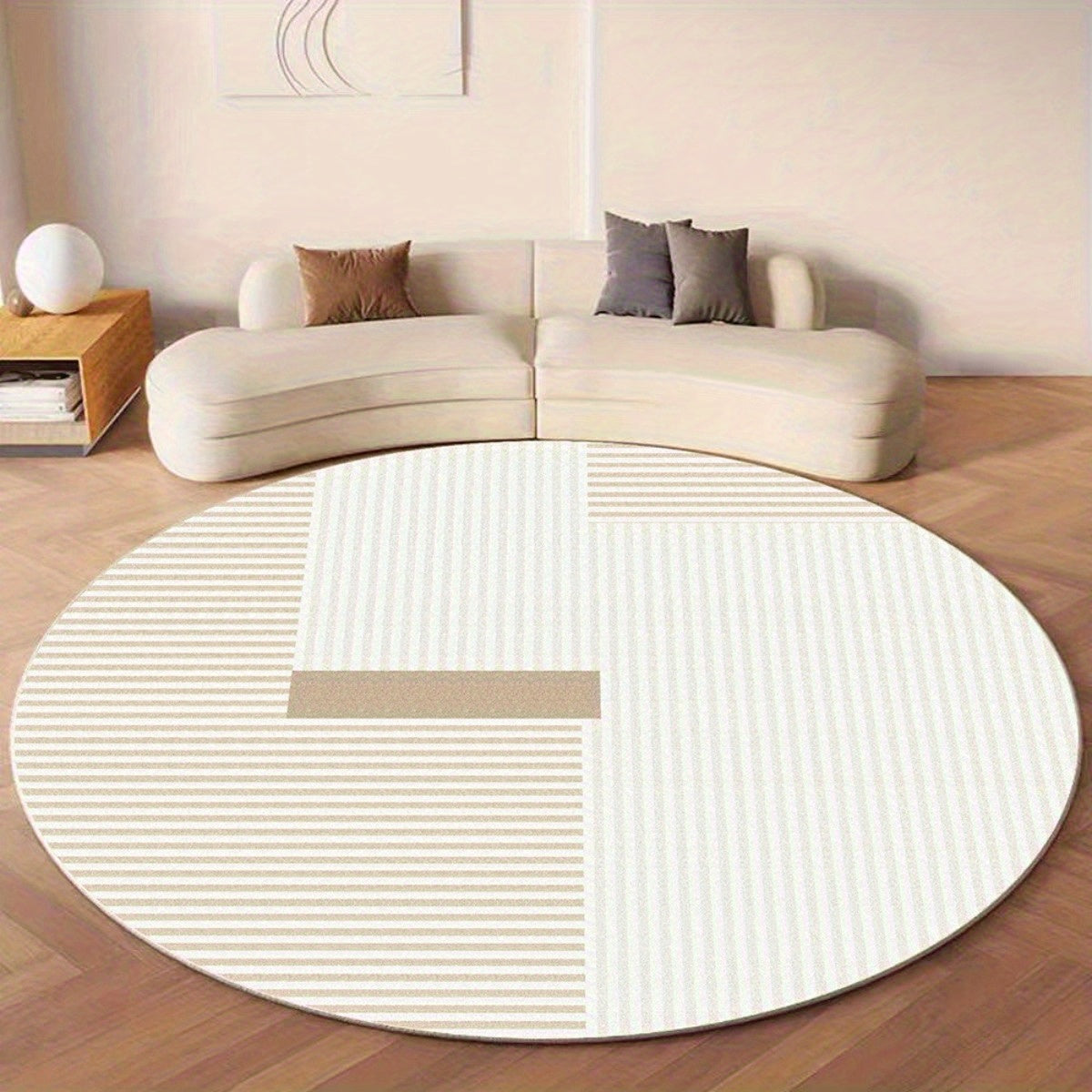 Tapis rond blanc cassé à rayures beige, dos TPR adhérent