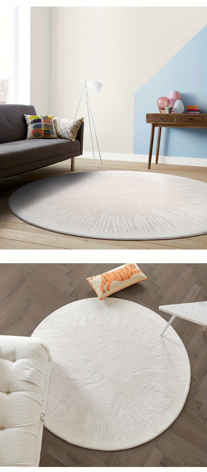 Tapis rond blanc à couronne de traits, faux cachemire doux