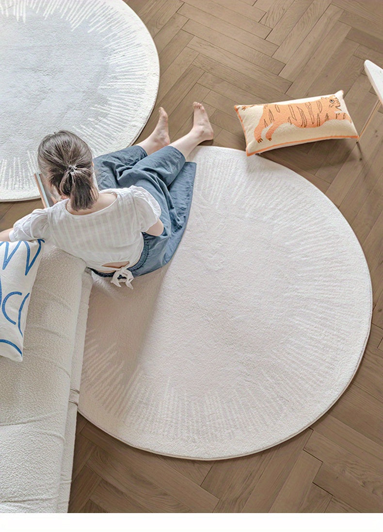 Tapis rond blanc à couronne de traits, faux cachemire doux