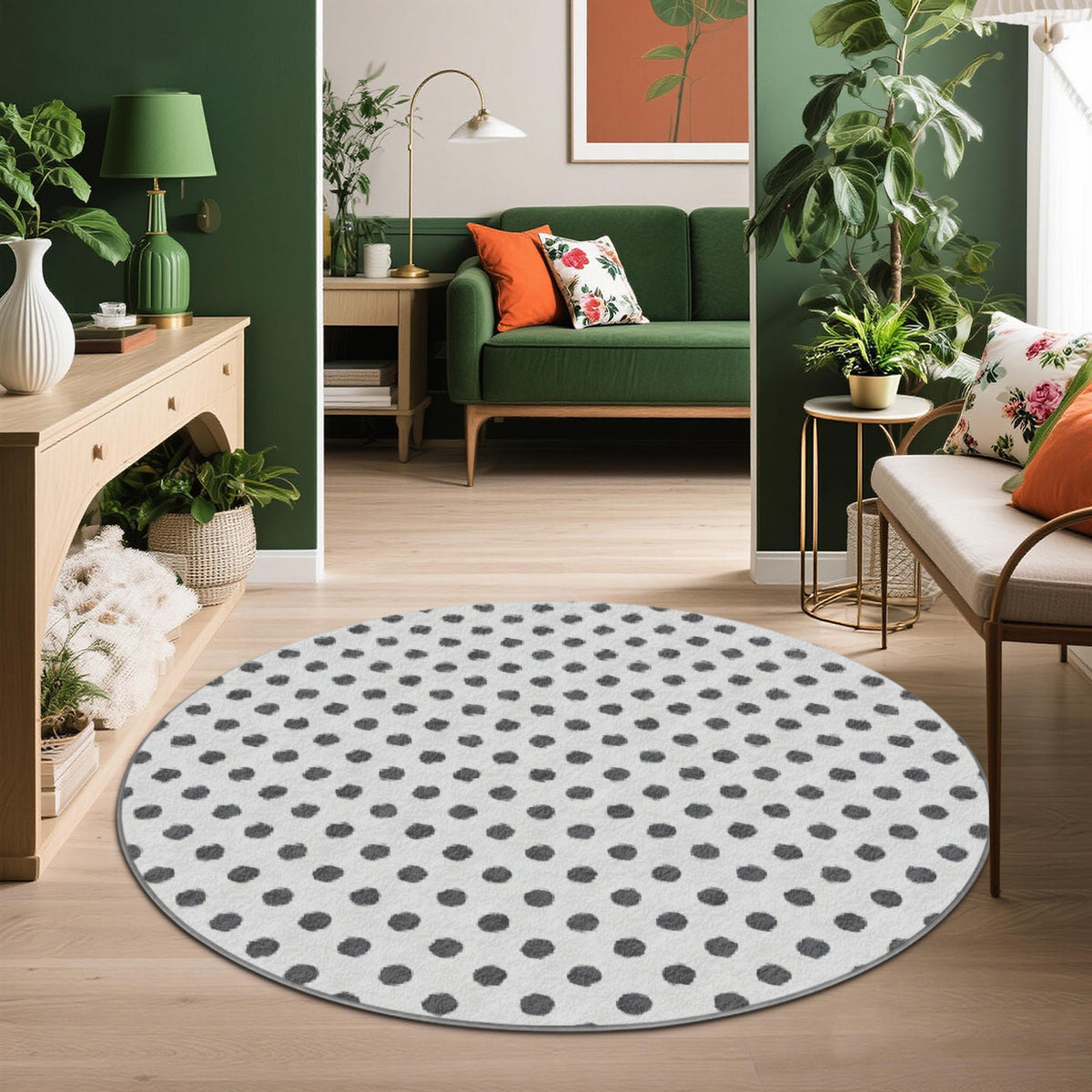 Tapis rond blanc criblé de pois gris, en Ø 80 ou Ø 200 cm