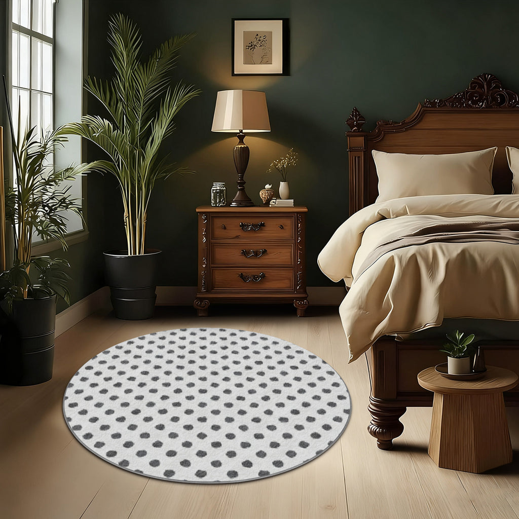 Tapis rond blanc criblé de pois gris, en Ø 80 ou Ø 200 cm