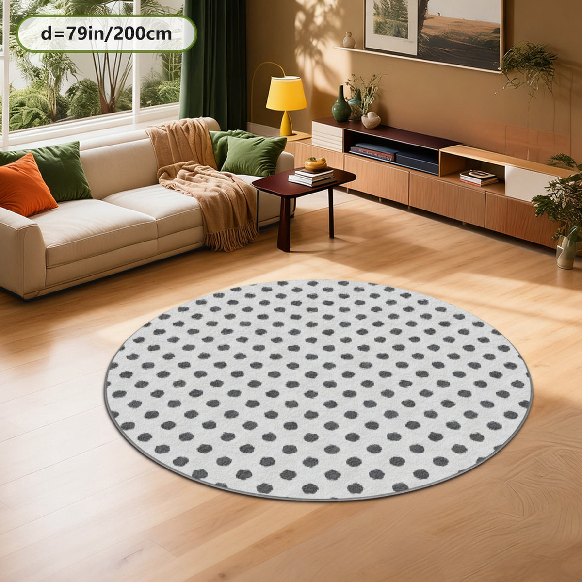 Tapis rond blanc criblé de pois gris, en Ø 80 ou Ø 200 cm