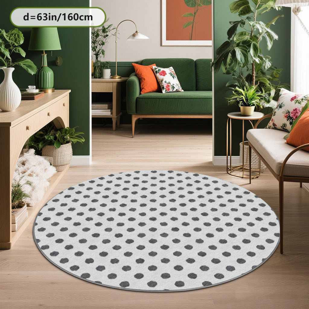 Tapis rond blanc criblé de pois gris, en Ø 80 ou Ø 200 cm