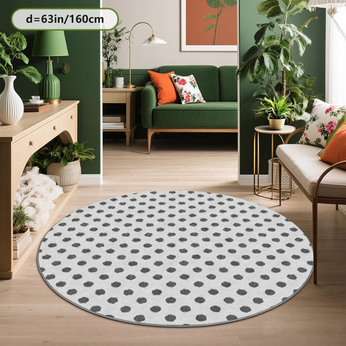 Tapis rond blanc criblé de pois gris, en Ø 80 ou Ø 200 cm