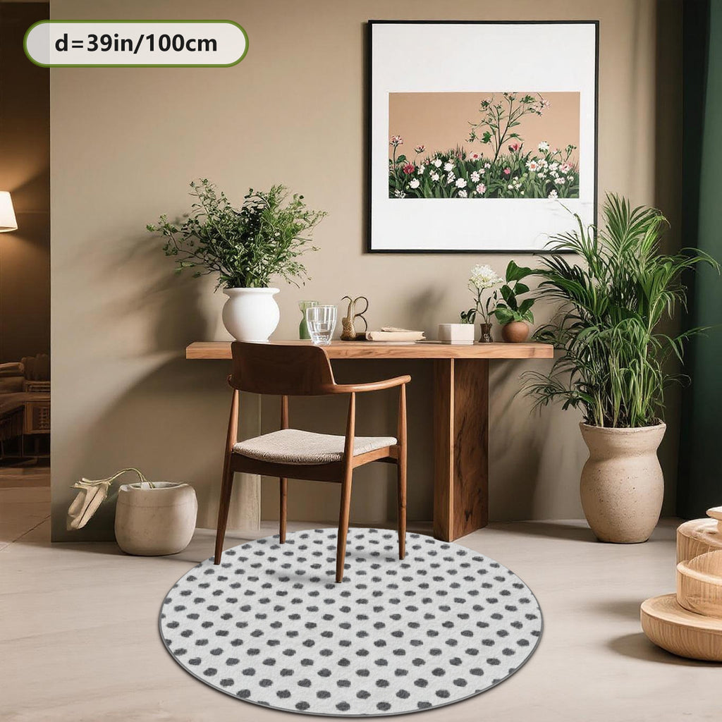 Tapis rond blanc criblé de pois gris, en Ø 80 ou Ø 200 cm