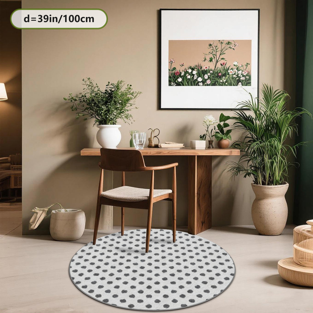Tapis rond blanc criblé de pois gris, en Ø 80 ou Ø 200 cm