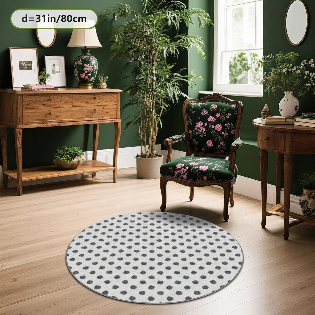 Tapis rond blanc criblé de pois gris, en Ø 80 ou Ø 200 cm