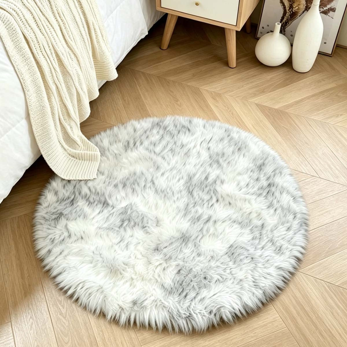 Tapis rond blanc effet peau de mouton, dos PVC, Ø 60 ou 80 cm