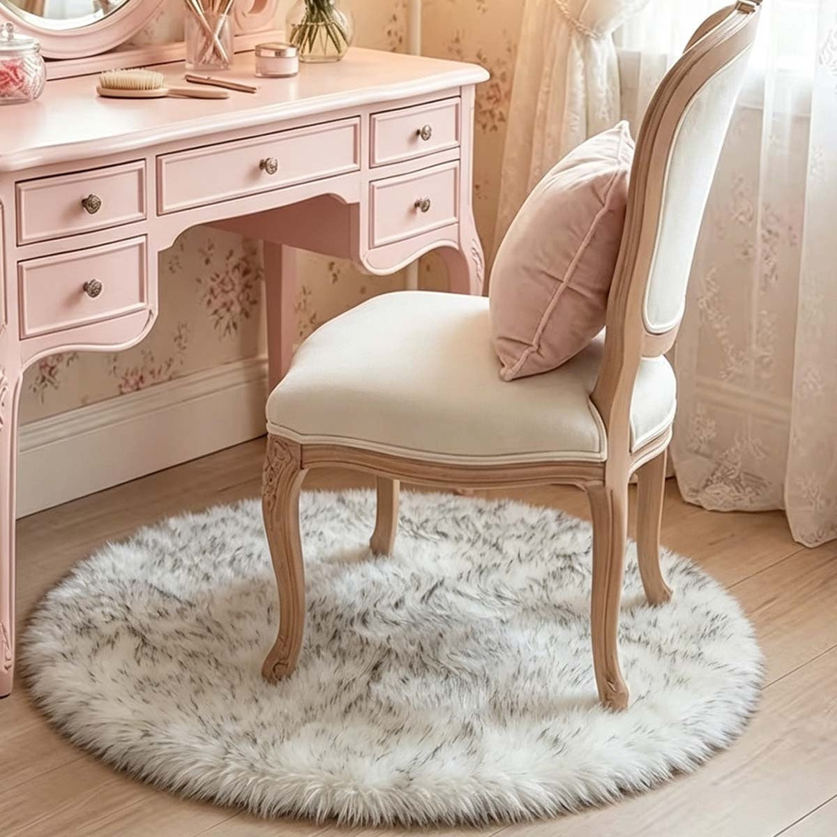 Tapis rond blanc effet peau de mouton, dos PVC, Ø 60 ou 80 cm