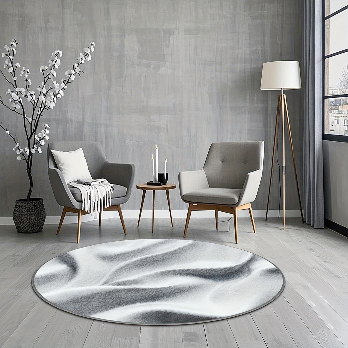 Tapis rond blanc à effet de drapé, quatre cotes Ø 80-200