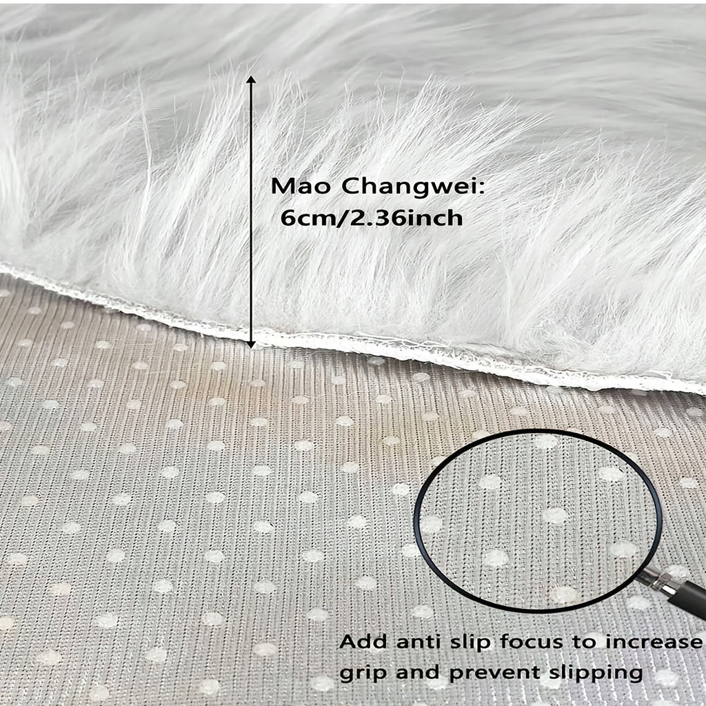 Tapis rond blanc fausse fourrure, poils 6 cm, 3 diamètres