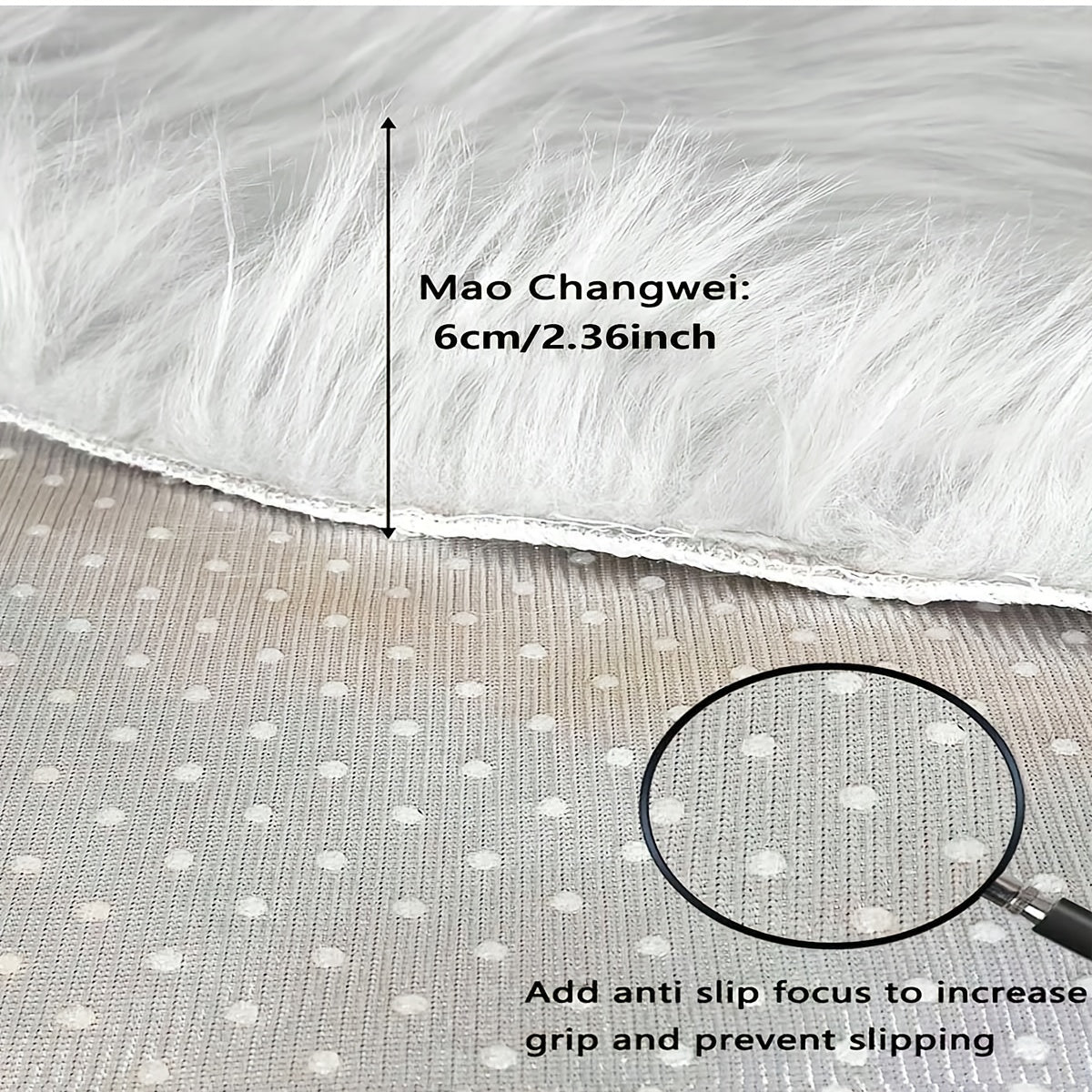 Tapis rond blanc fausse fourrure, poils 6 cm, 3 diamètres