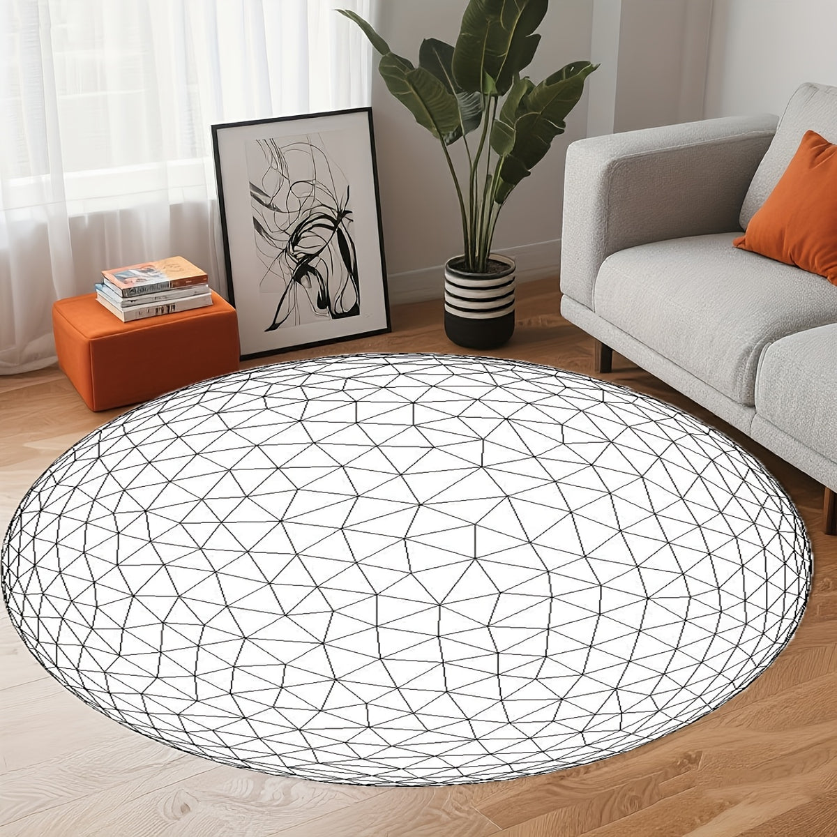 Tapis rond blanc à grille triangulée, tissé plat, 5 tailles