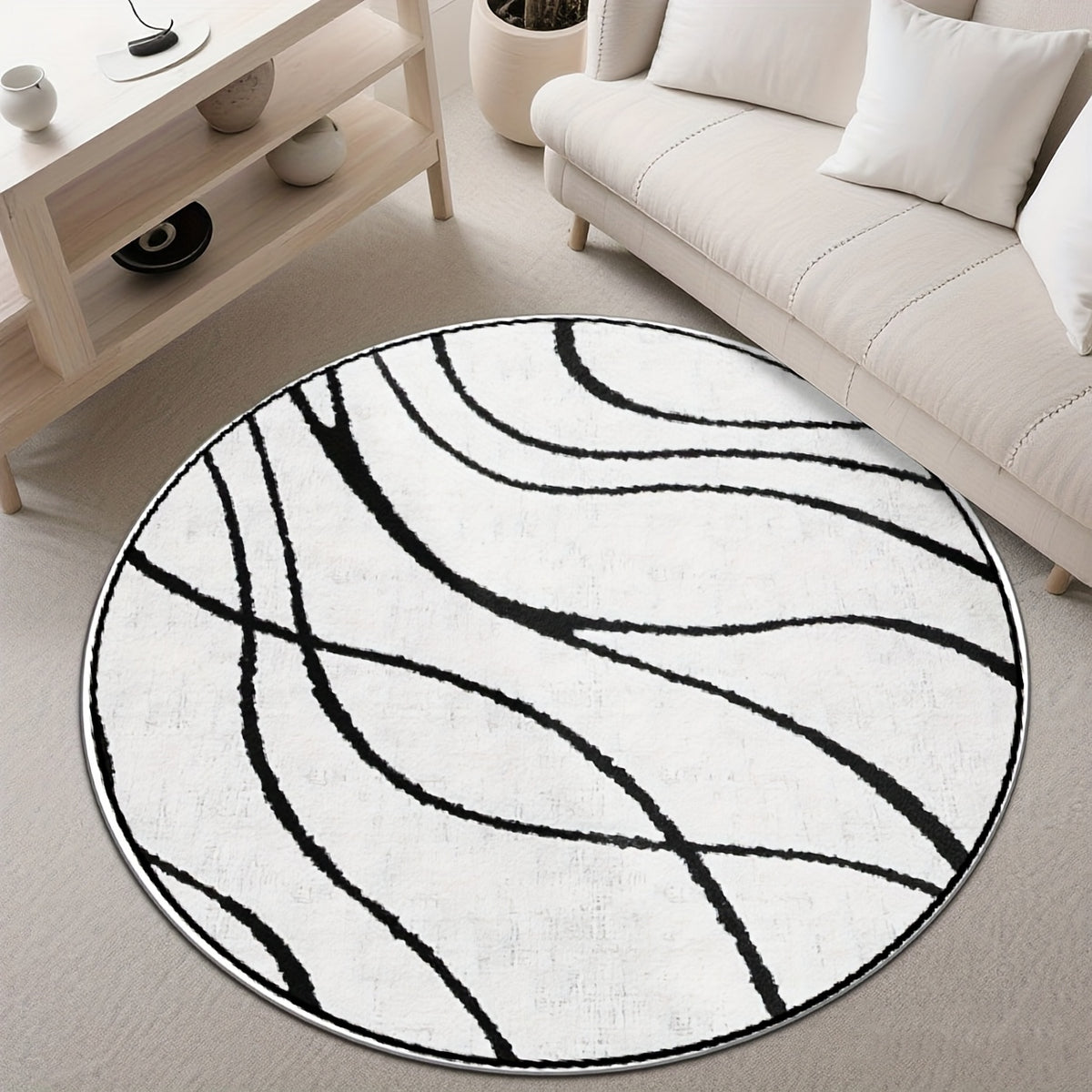 Tapis rond blanc à lignes noires, fond plastique à pois