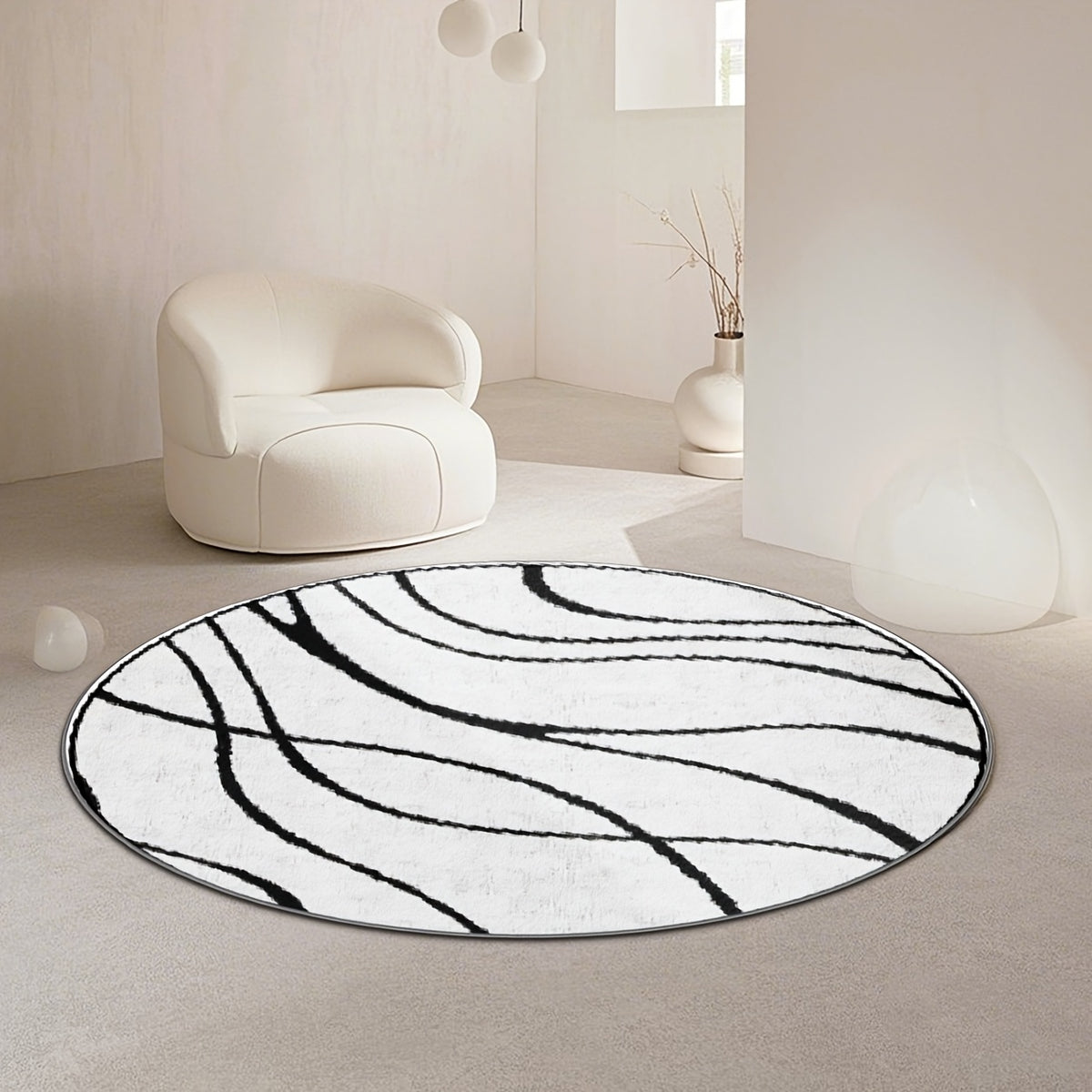 Tapis rond blanc à lignes noires, fond plastique à pois