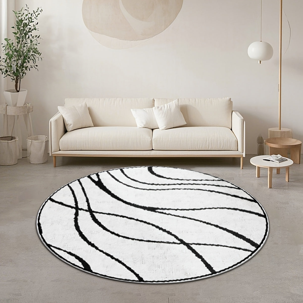 Tapis rond blanc à lignes noires, fond plastique à pois