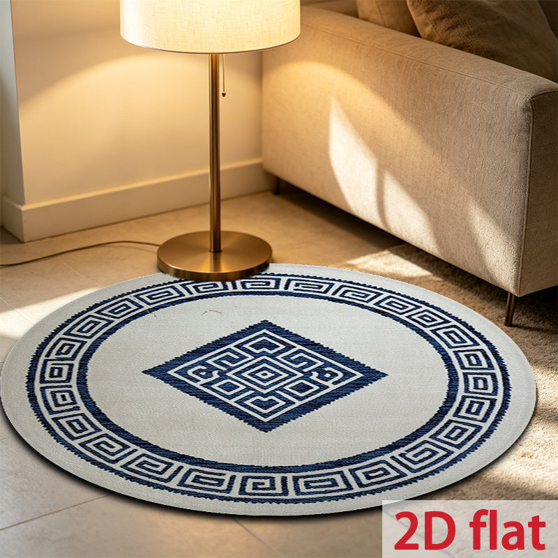 Tapis rond blanc à médaillon bleu et double bordure grecque