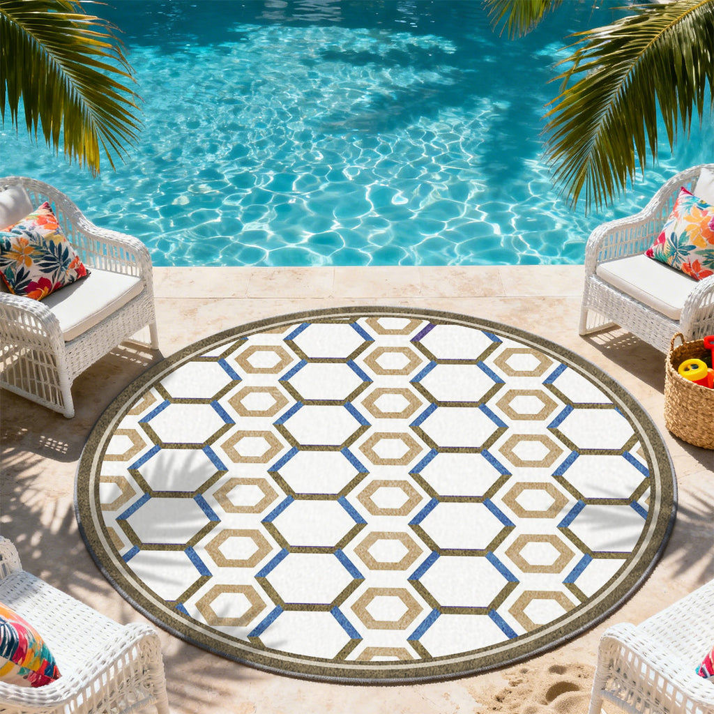 Tapis rond blanc à nid d'abeille doré et bleu, 160 ou 200 cm