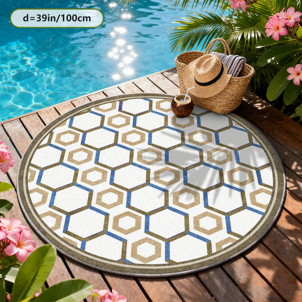 Tapis rond blanc à nid d'abeille doré et bleu, 160 ou 200 cm