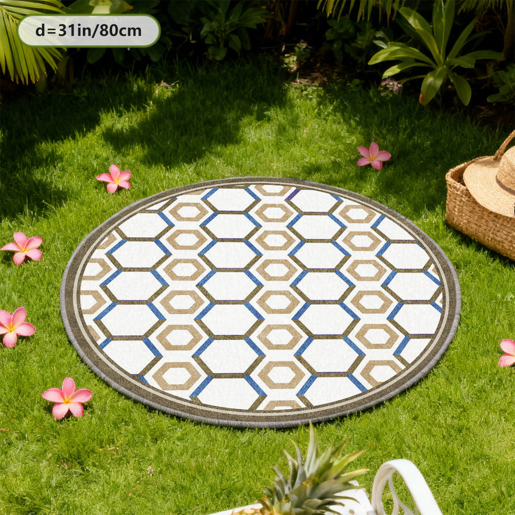 Tapis rond blanc à nid d'abeille doré et bleu, 160 ou 200 cm