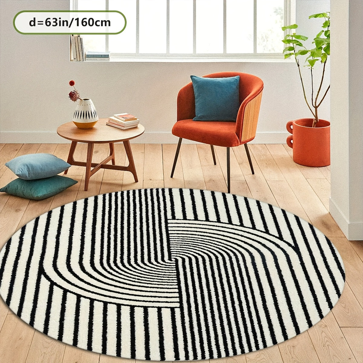 Tapis rond blanc et noir à arcs rayés, en Ø 100 ou 200 cm