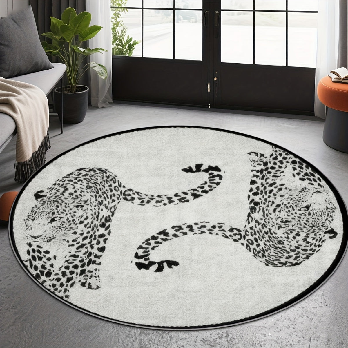 Tapis rond ivoire à deux léopards noirs, en 160 ou 200 cm