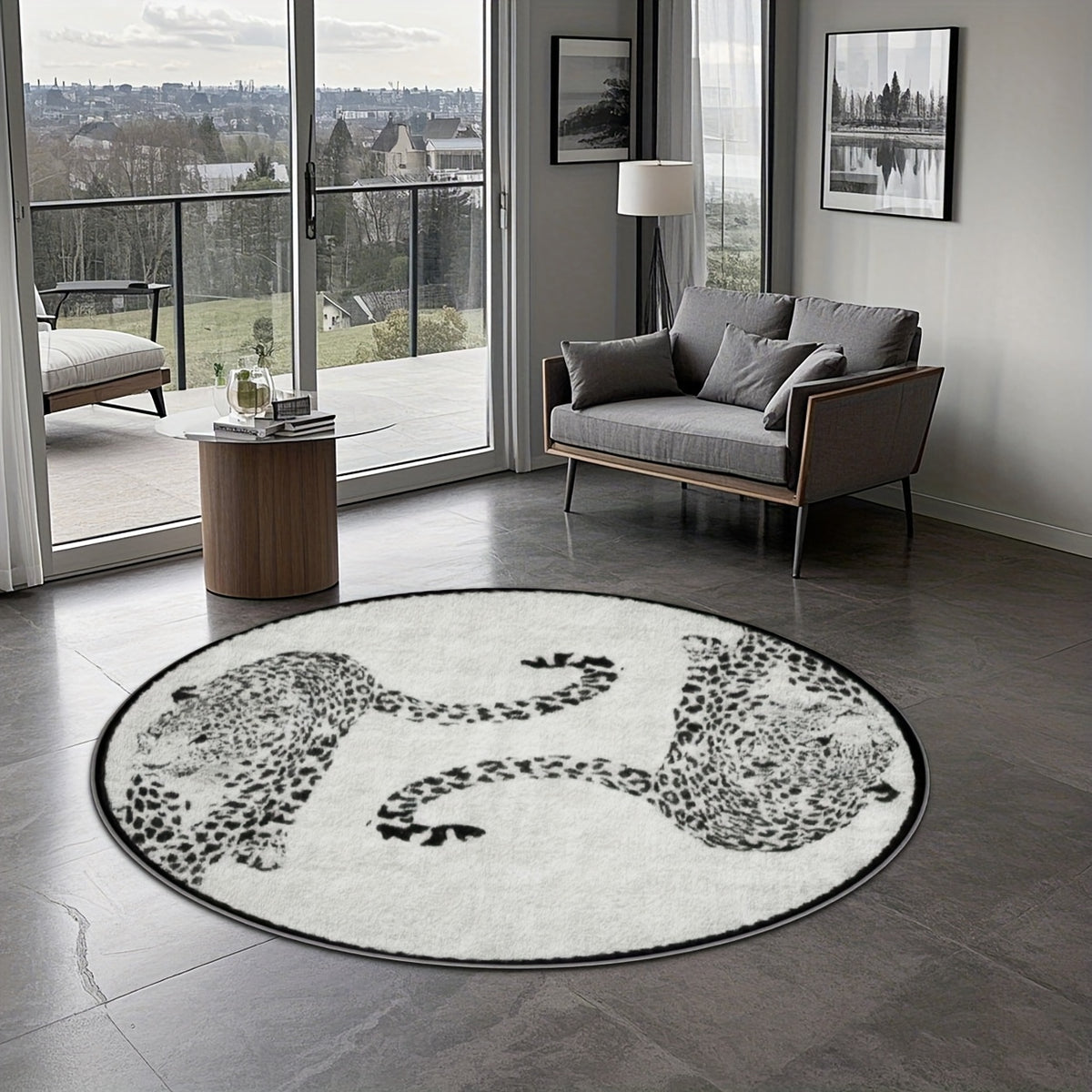Tapis rond ivoire à deux léopards noirs, en 160 ou 200 cm