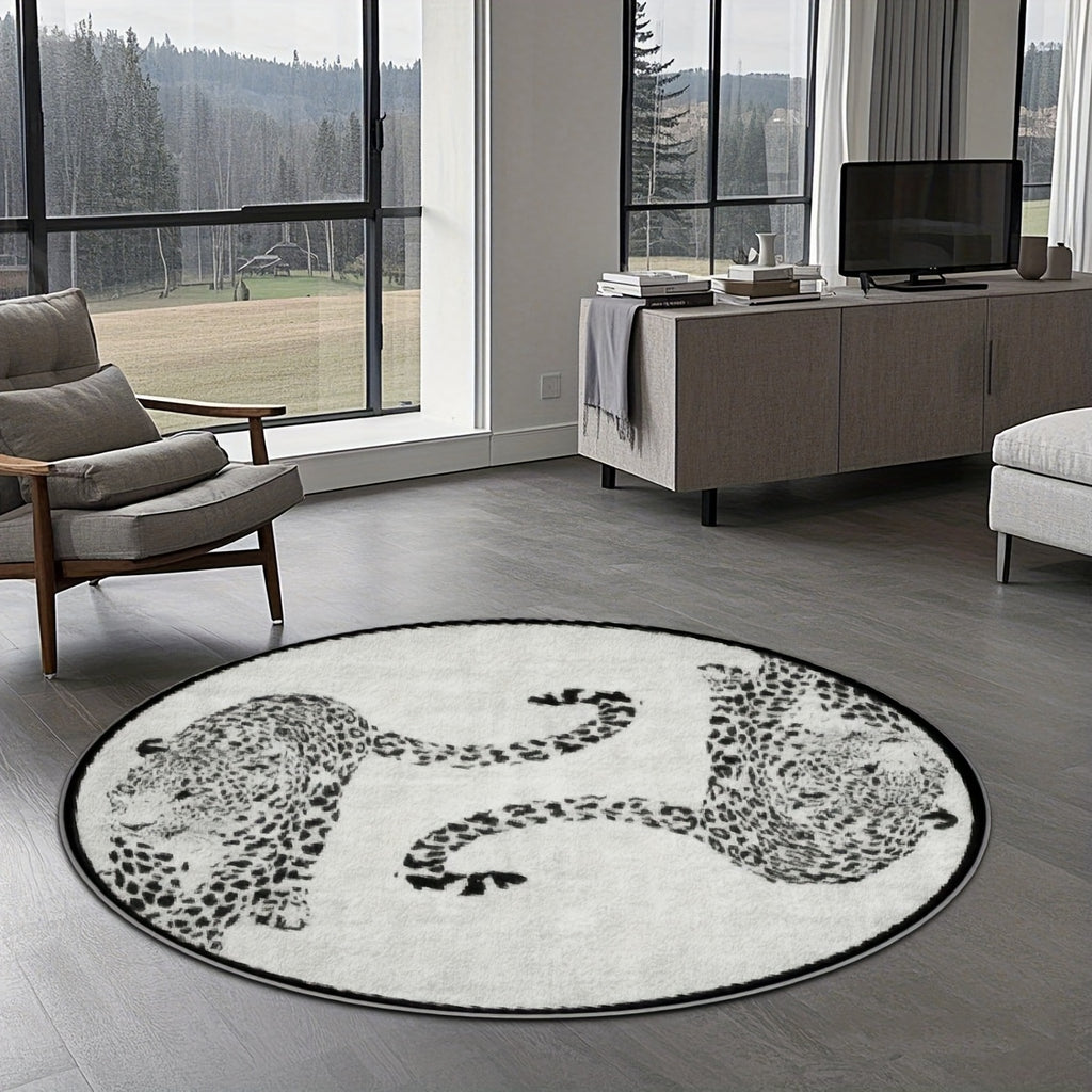 Tapis rond ivoire à deux léopards noirs, en 160 ou 200 cm