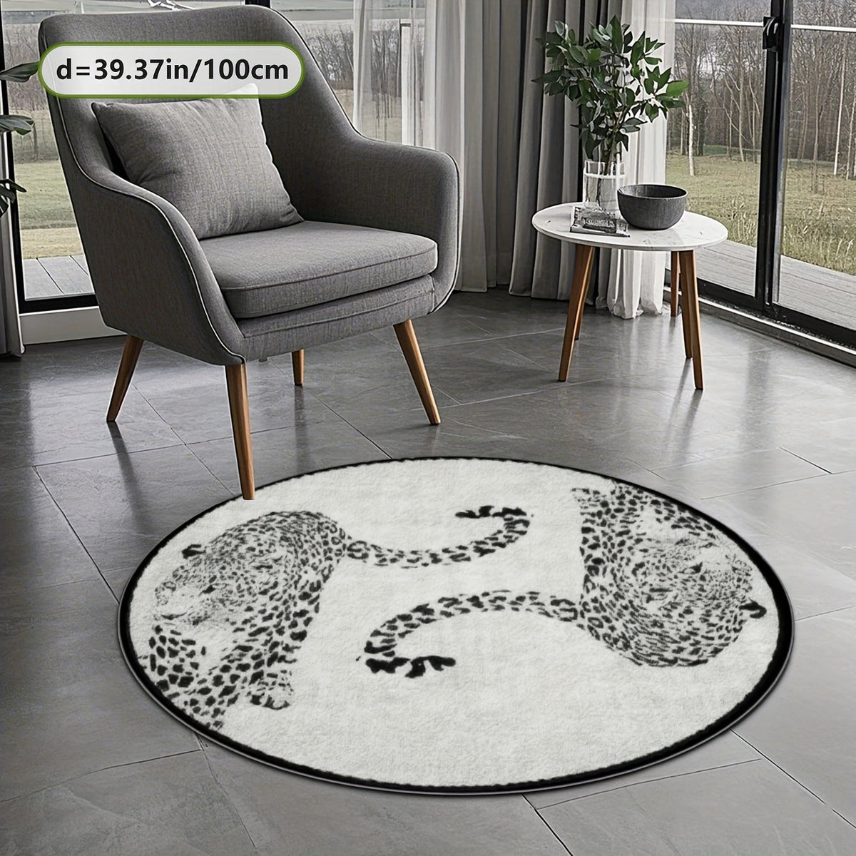 Tapis rond ivoire à deux léopards noirs, en 160 ou 200 cm