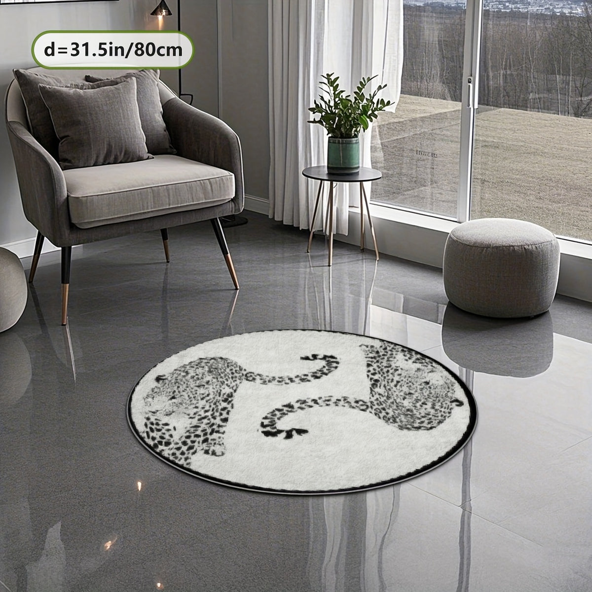 Tapis rond ivoire à deux léopards noirs, en 160 ou 200 cm