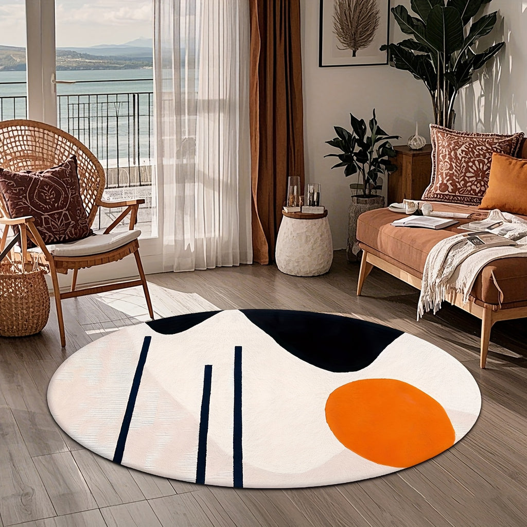 Tapis rond blanc à ovale orange et traits marine, Ø 80-200