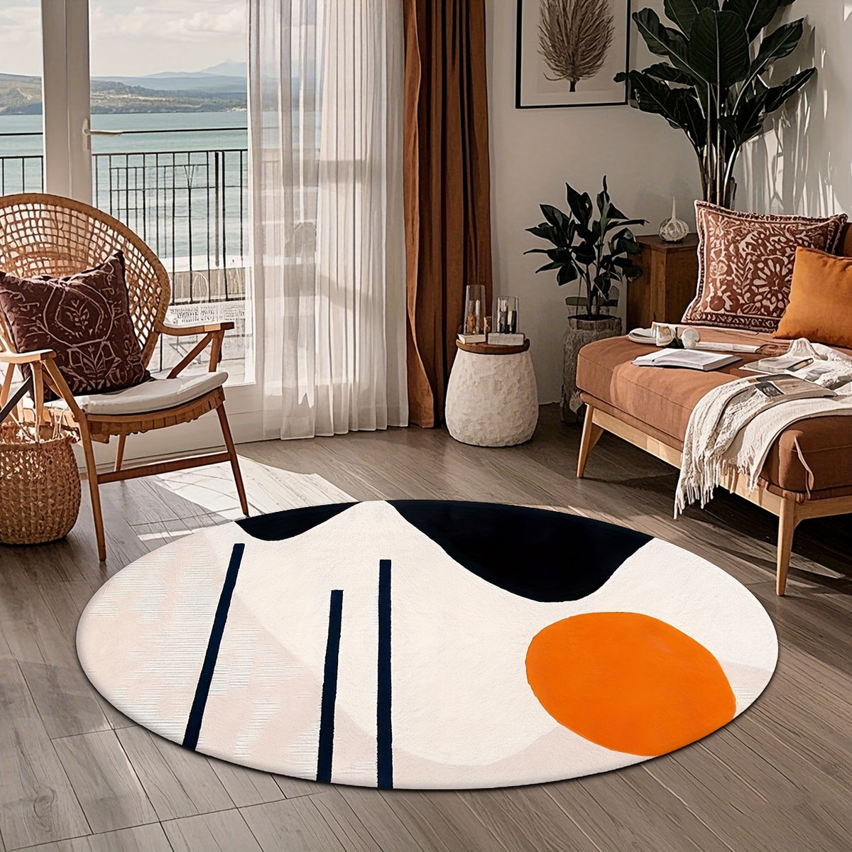 Tapis rond blanc à ovale orange et traits marine, Ø 80-200