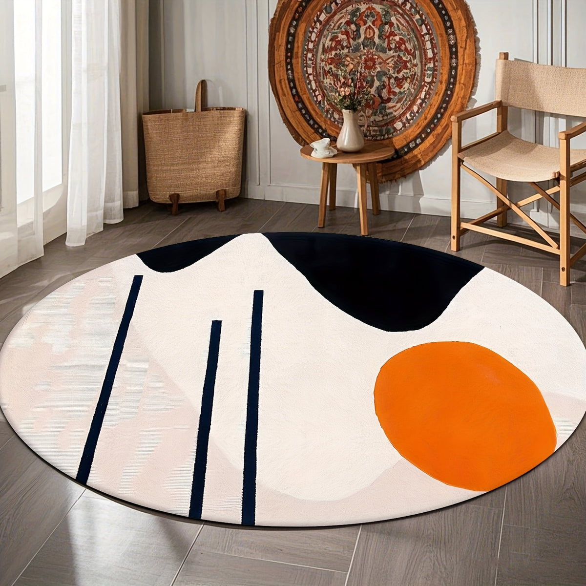 Tapis rond blanc à ovale orange et traits marine, Ø 80-200
