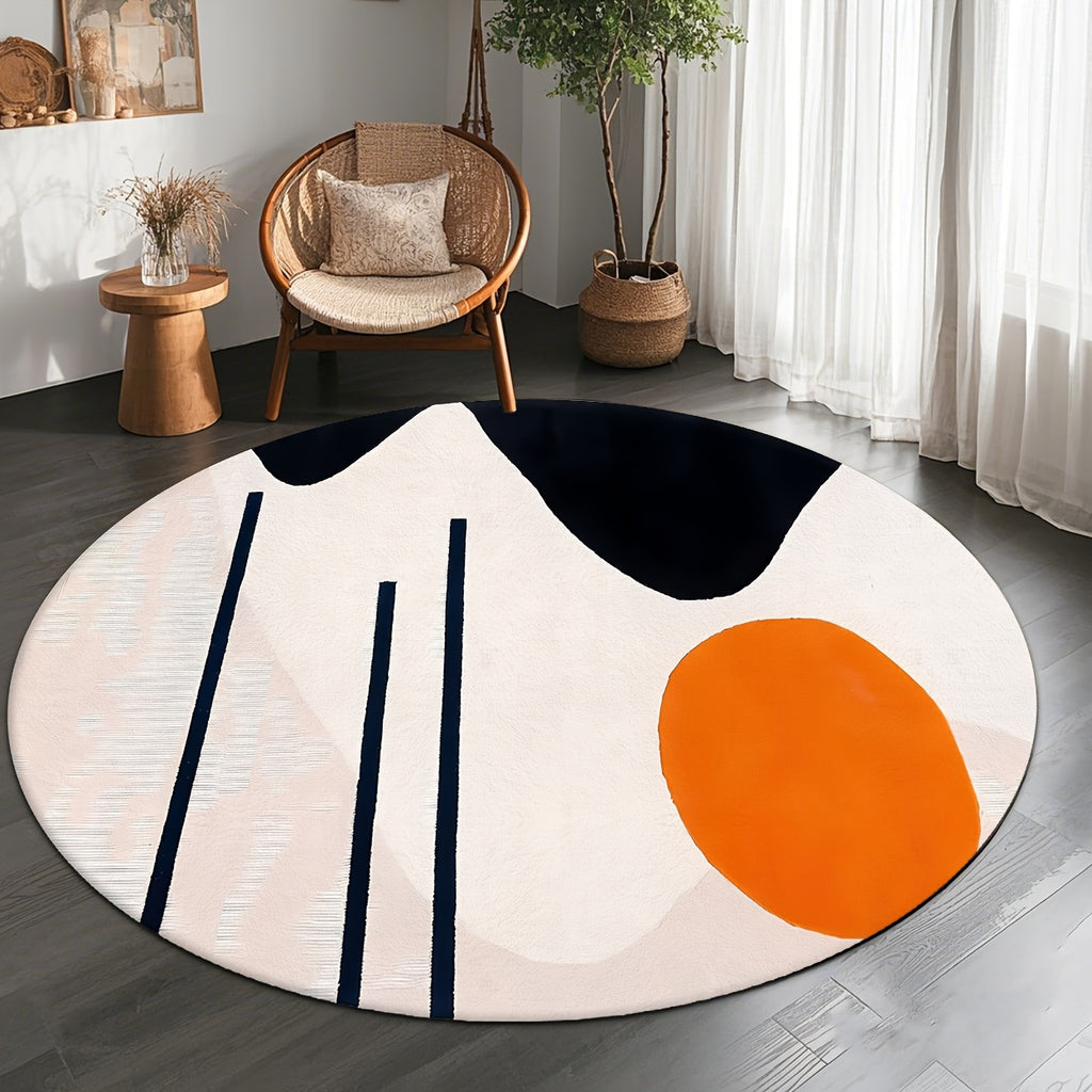 Tapis rond blanc à ovale orange et traits marine, Ø 80-200