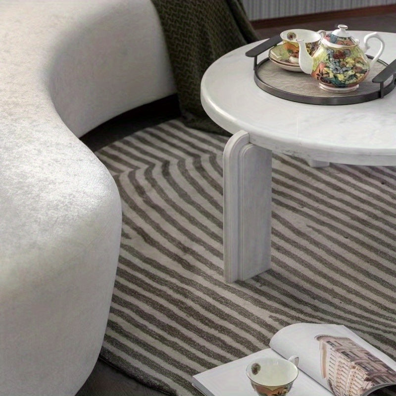 Tapis rond blanc et noir à rayures courbes, velours 10 mm
