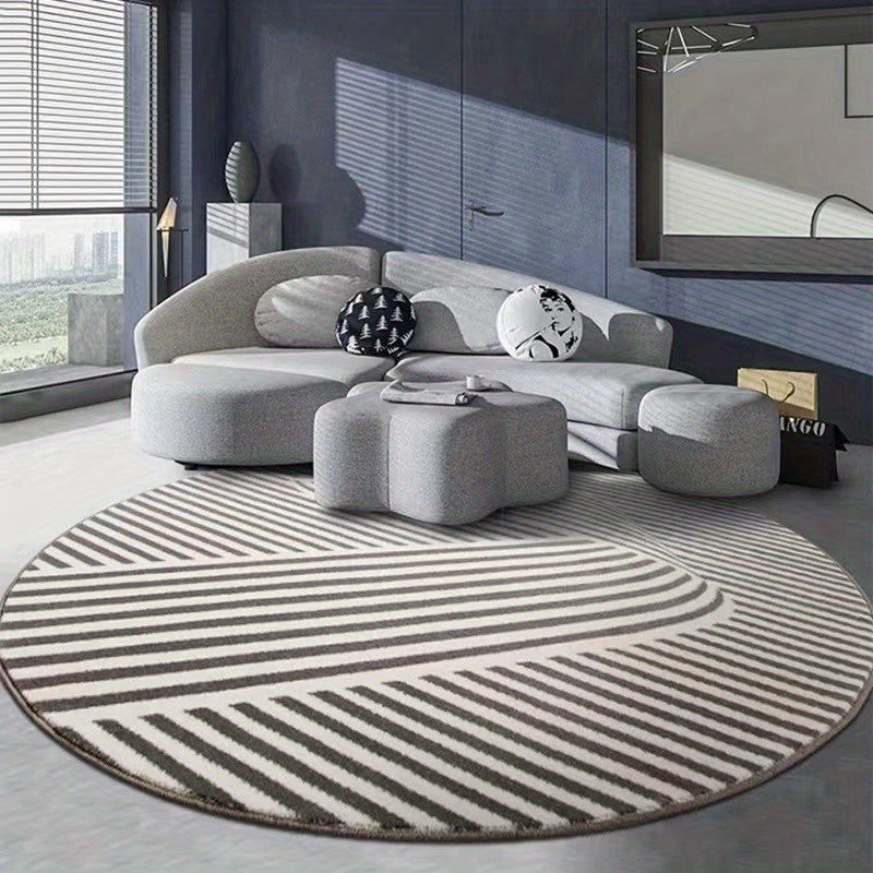 Tapis rond blanc et noir à rayures courbes, velours 10 mm