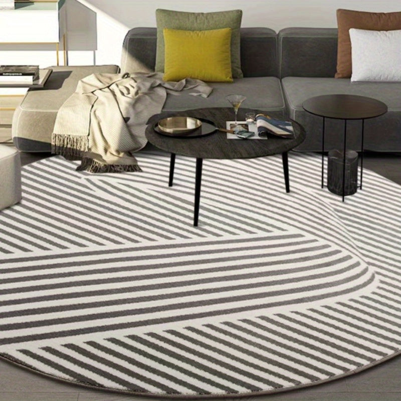Tapis rond blanc et noir à rayures courbes, velours 10 mm